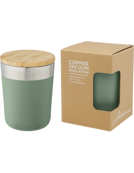 Vaso de acero inoxidable con aislamiento al vacío de cobre y tapa de bambú.